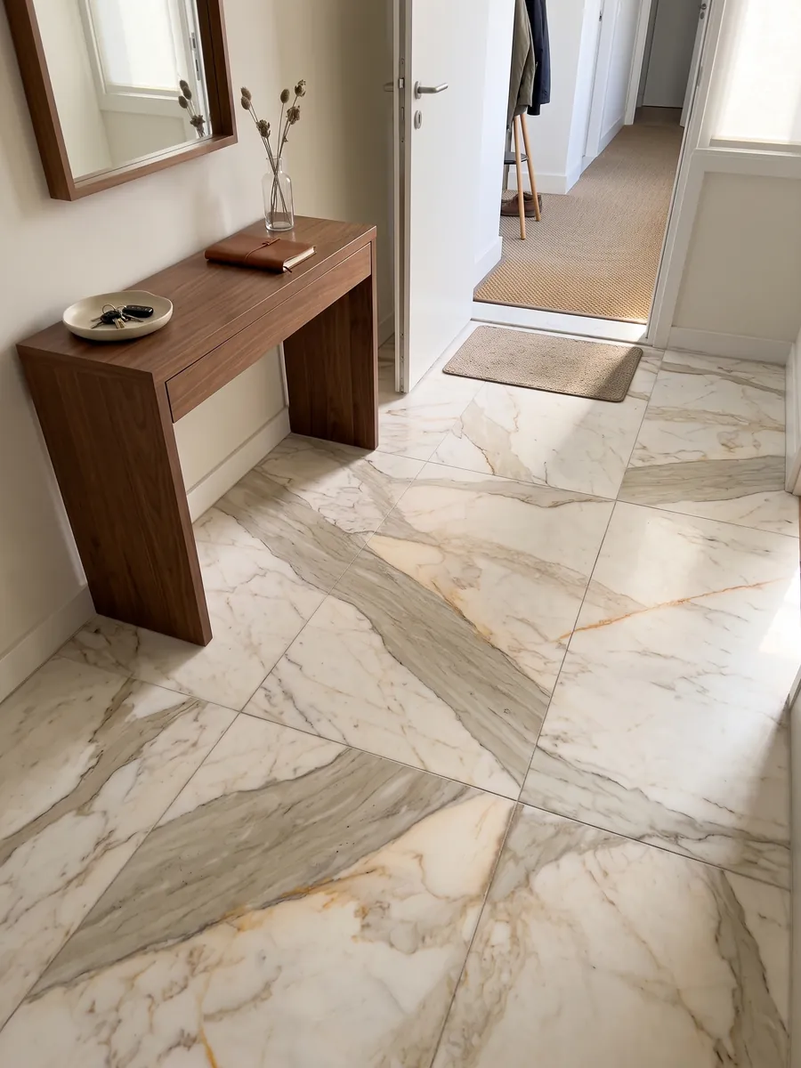 Entryway floor in large slabs of white Calacatta Macchia Vecchia marble with natural light: warm white with a gray beige band on the diagonal and fine golden veins