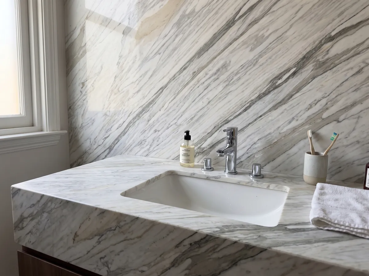 Vanity top and bathroom wall in white Calacatta Manhattan marble with a white sink and chrome fixtures: white with fine, soft gray veins that flow on the diagonal