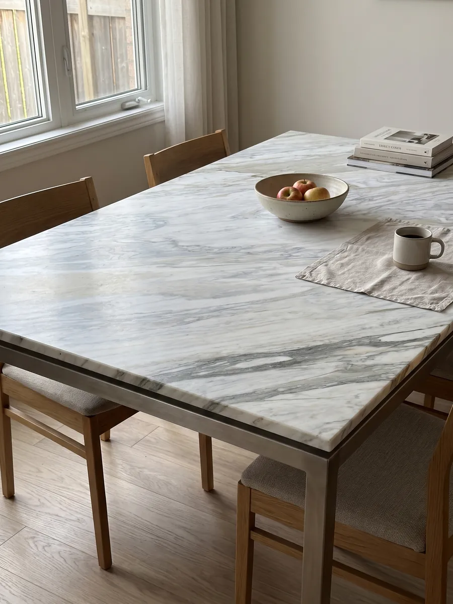 Dining table with a white Calacatta Manhattan marble top on a steel base: white with fine, soft gray veins that flow on the diagonal