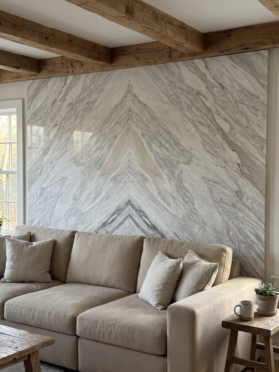 Living room wall clad in bookmatched slabs of white Calacatta Manhattan marble behind a sofa: white with fine, soft gray veins that flow on the diagonal