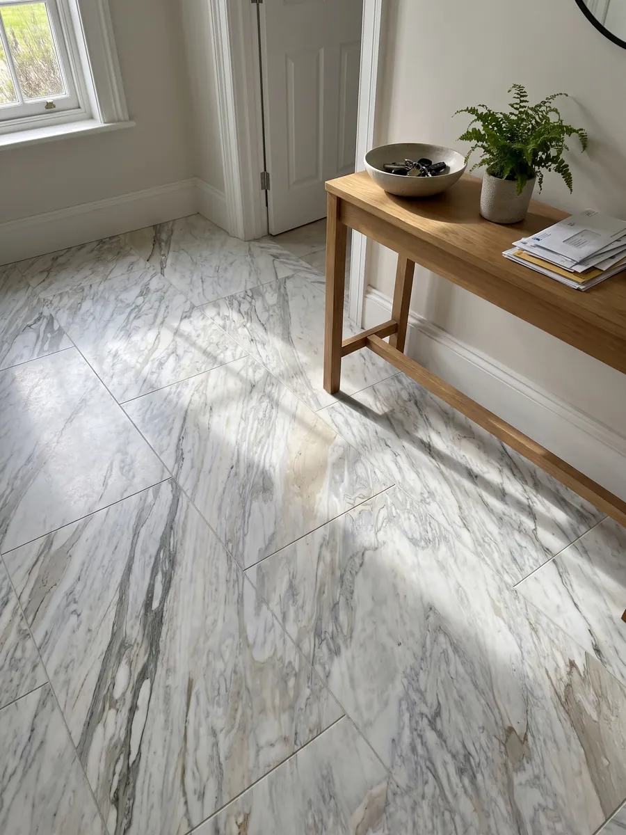 Entryway floor in large slabs of white Calacatta Manhattan marble with natural light: white with fine, soft gray veins that flow on the diagonal