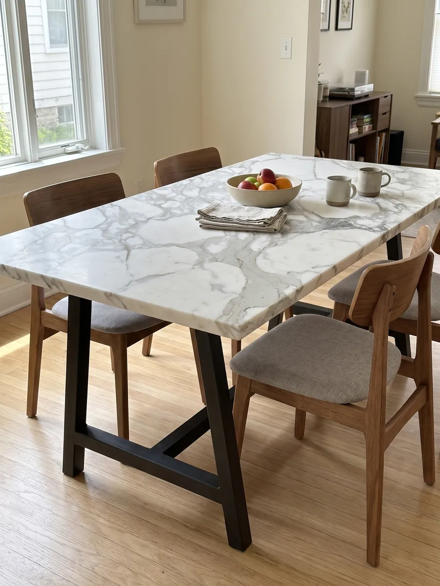 Dining table with a top of white Calacatta marble on a steel base: large white fragments wrapped in wide, soft light gray veins