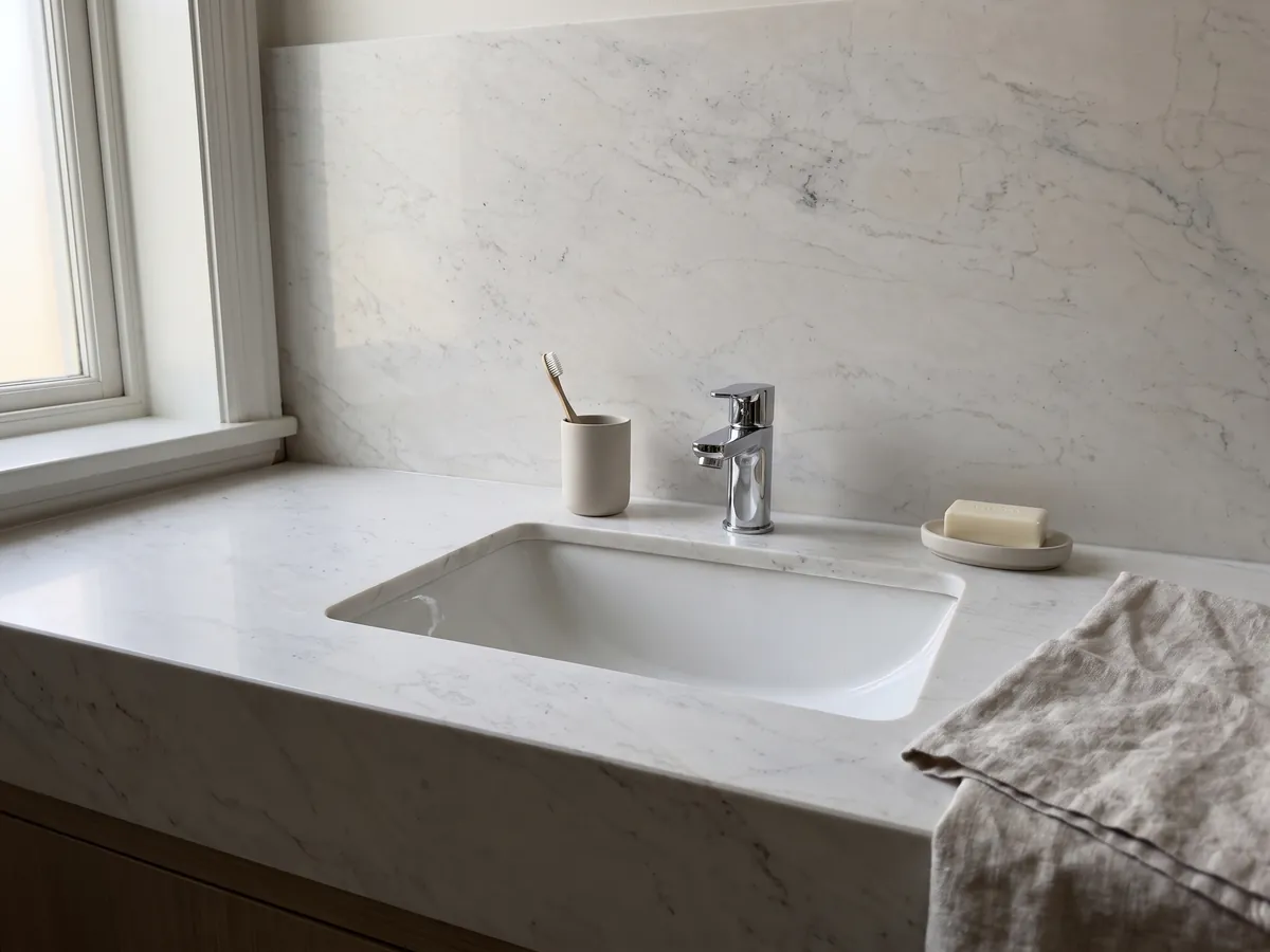 Vanity top and bathroom wall in white Calacatta Michelangelo marble with a white sink and chrome fixtures: almost plain grayish white with a few very soft gray marks