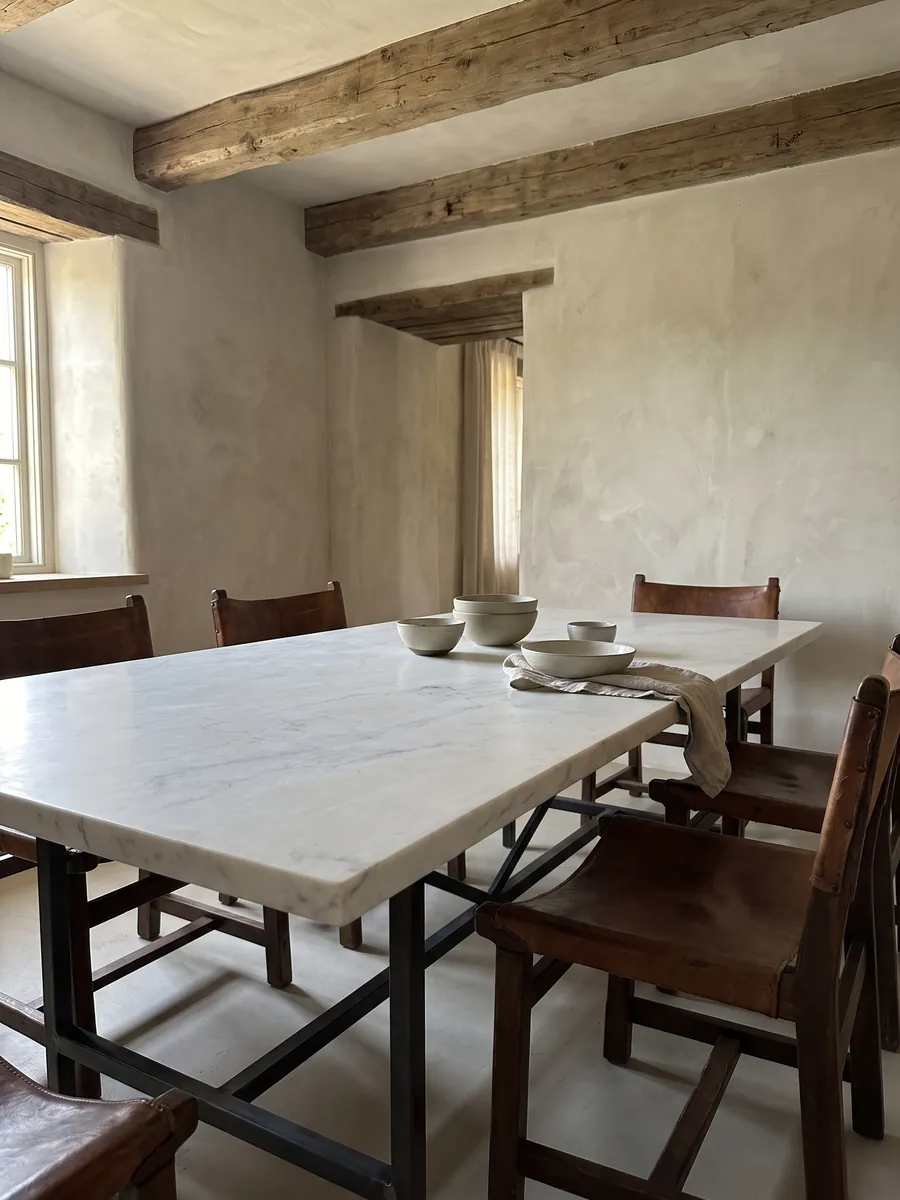Dining table with a white Calacatta Michelangelo marble top on a steel base: almost smooth grayish white with a few very soft gray marks
