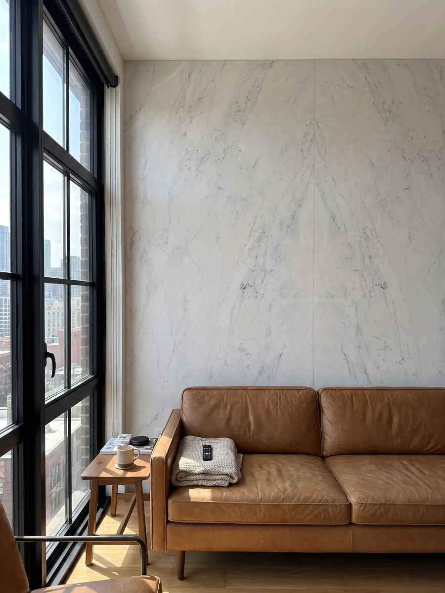 Living room wall clad in bookmatched white Calacatta Michelangelo marble slabs behind a sofa: almost smooth grayish white with a few very soft gray marks