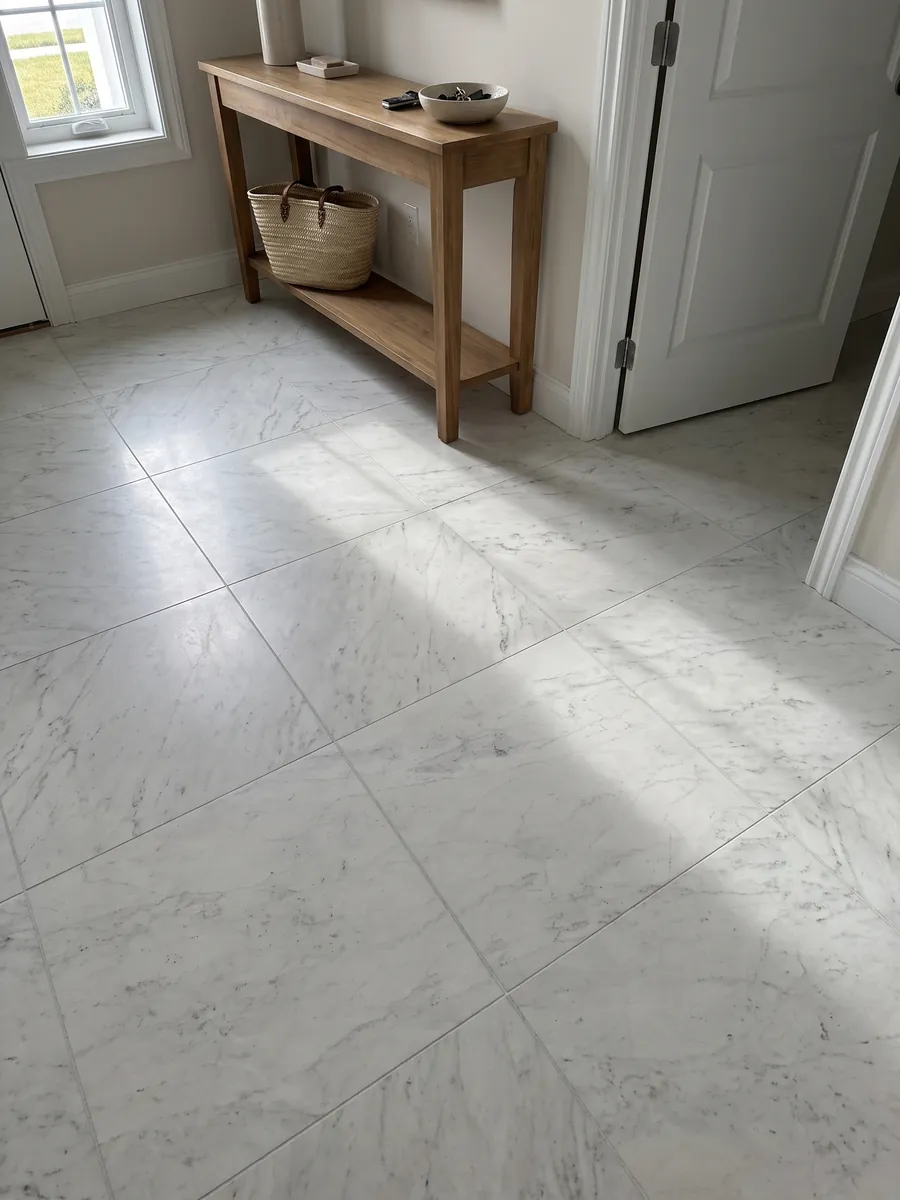 Entryway floor in large slabs of white Calacatta Michelangelo marble with natural light: almost smooth grayish white with a few very soft gray marks