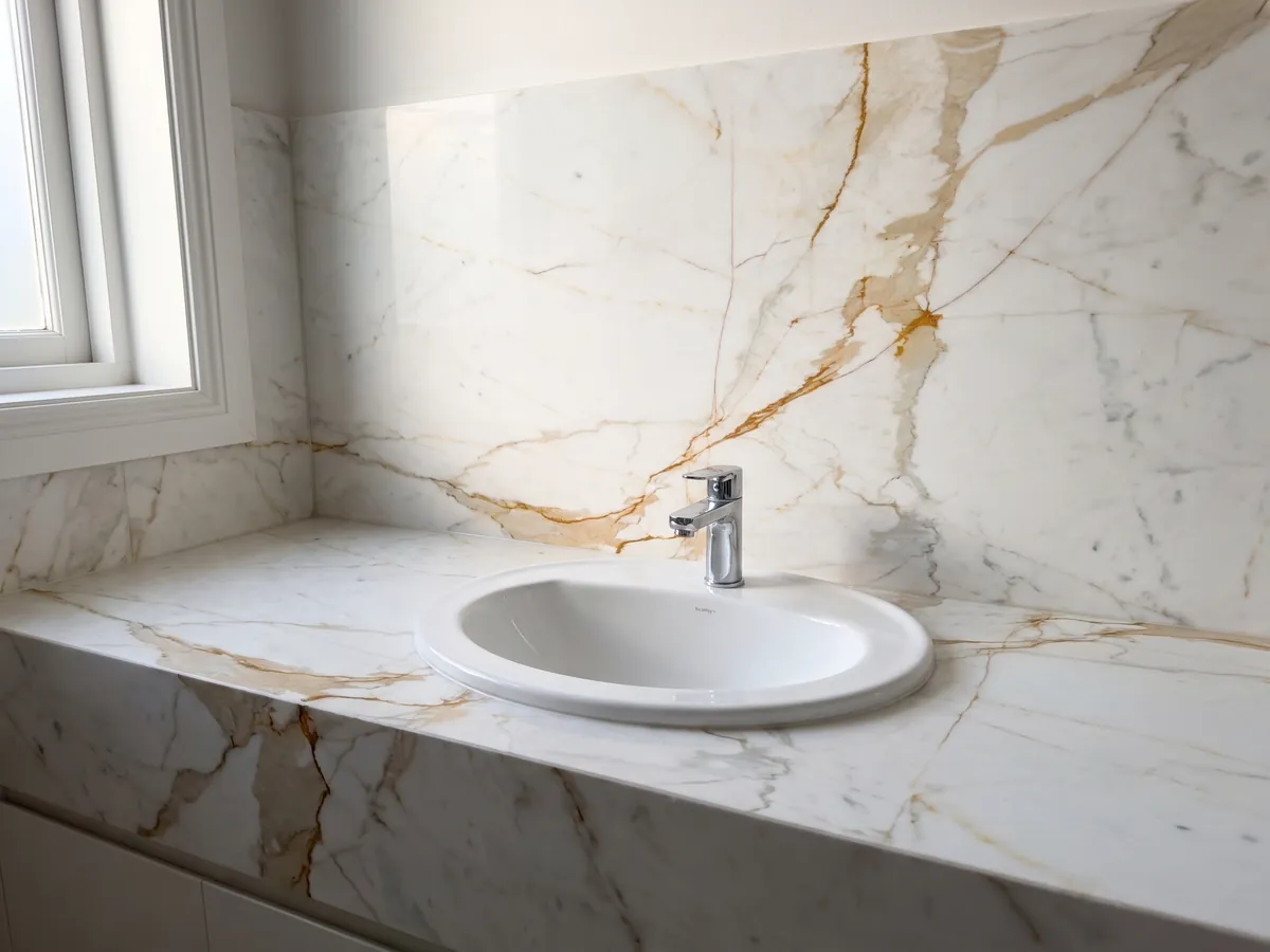 Bathroom vanity top and wall in white Calacatta Oro marble with a white sink and chrome faucets: white with a pronounced golden ochre vein on the diagonal and fine branches