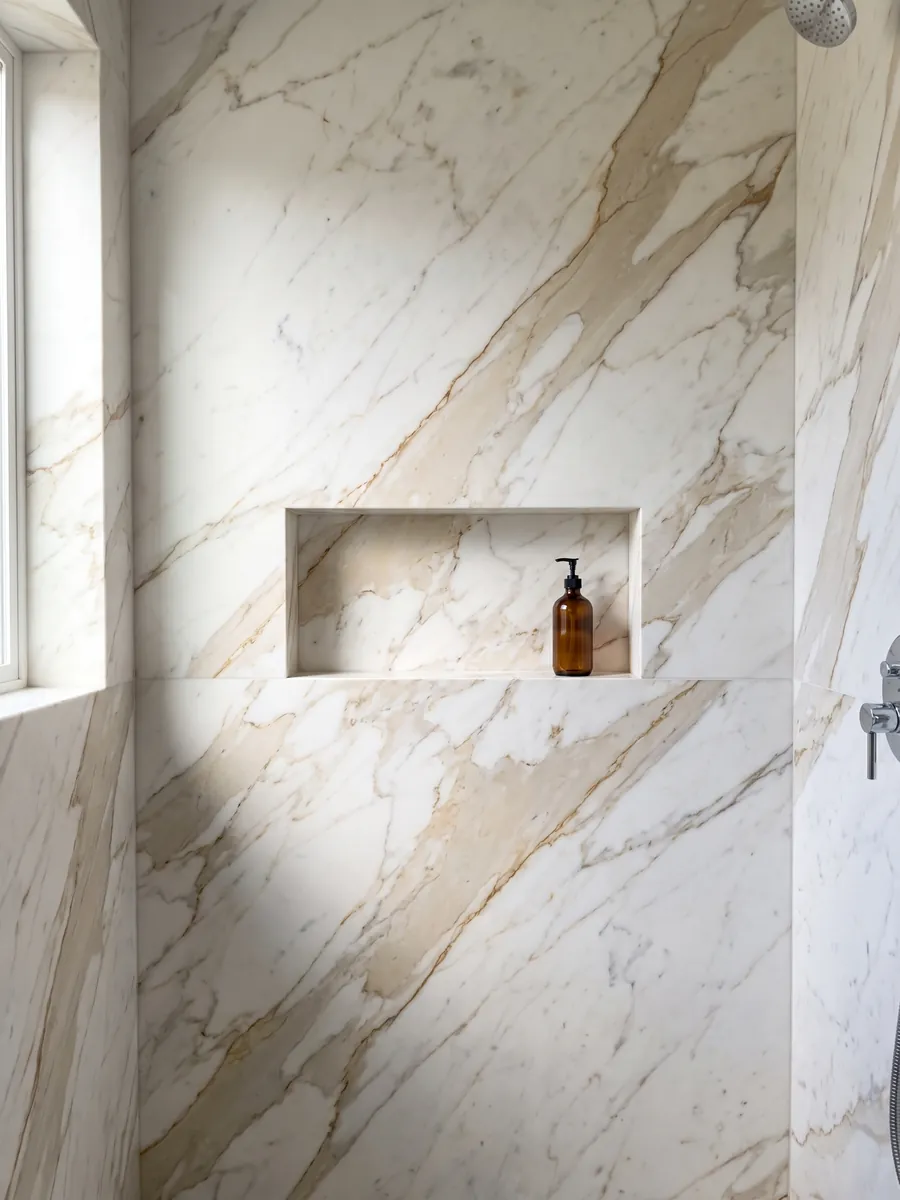 Shower clad in full slabs of white Calacatta Oro marble with a recessed niche: white with a pronounced golden ochre vein on the diagonal and fine branches