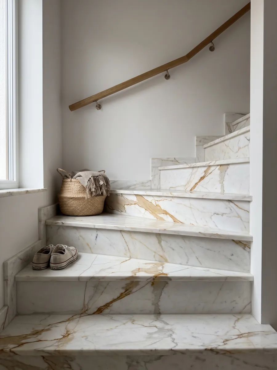 Interior staircase with white Calacatta Oro marble steps and a handrail: white with a pronounced golden ochre vein on the diagonal and fine branches