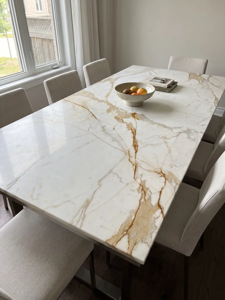 Dining table with a white Calacatta Oro marble top on a steel base: white with a pronounced golden ochre vein on the diagonal and fine branches