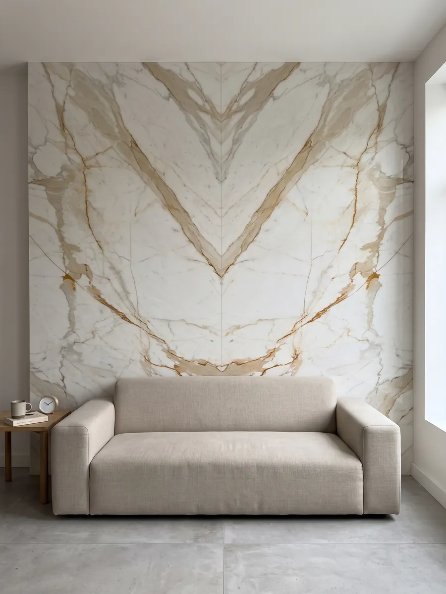 Living room wall clad in bookmatched white Calacatta Oro marble slabs behind a sofa: white with a pronounced golden ochre vein on the diagonal and fine branches