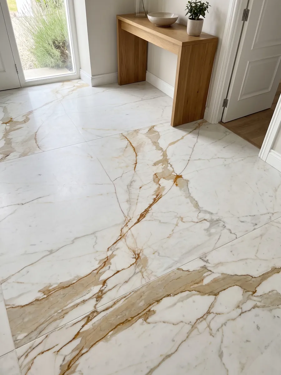 Entryway floor in large slabs of white Calacatta Oro marble with natural light: white with a pronounced golden ochre vein on the diagonal and fine branches