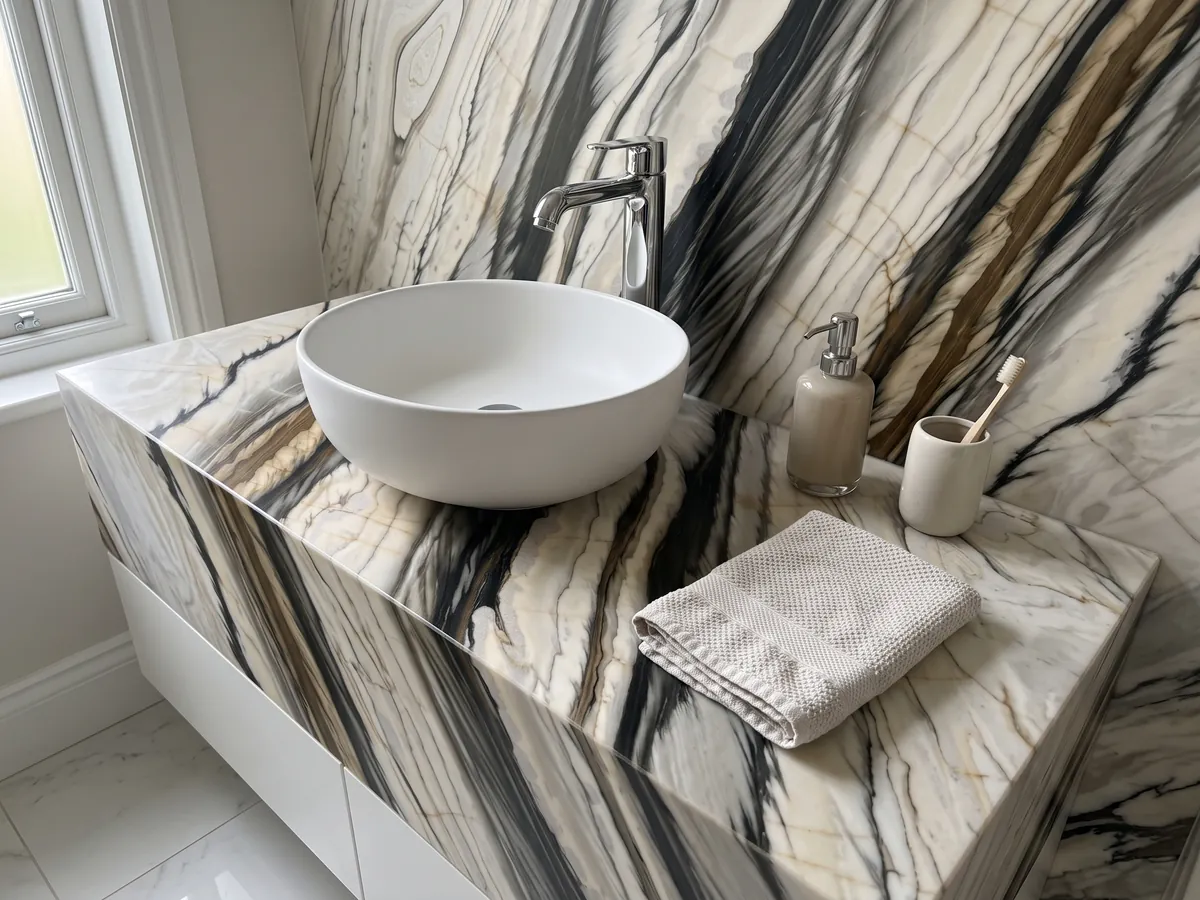 Bathroom vanity top and wall in white Calacatta Oyster marble with a white sink and chrome fixtures: wide black and brown bands running parallel in a diagonal over cream