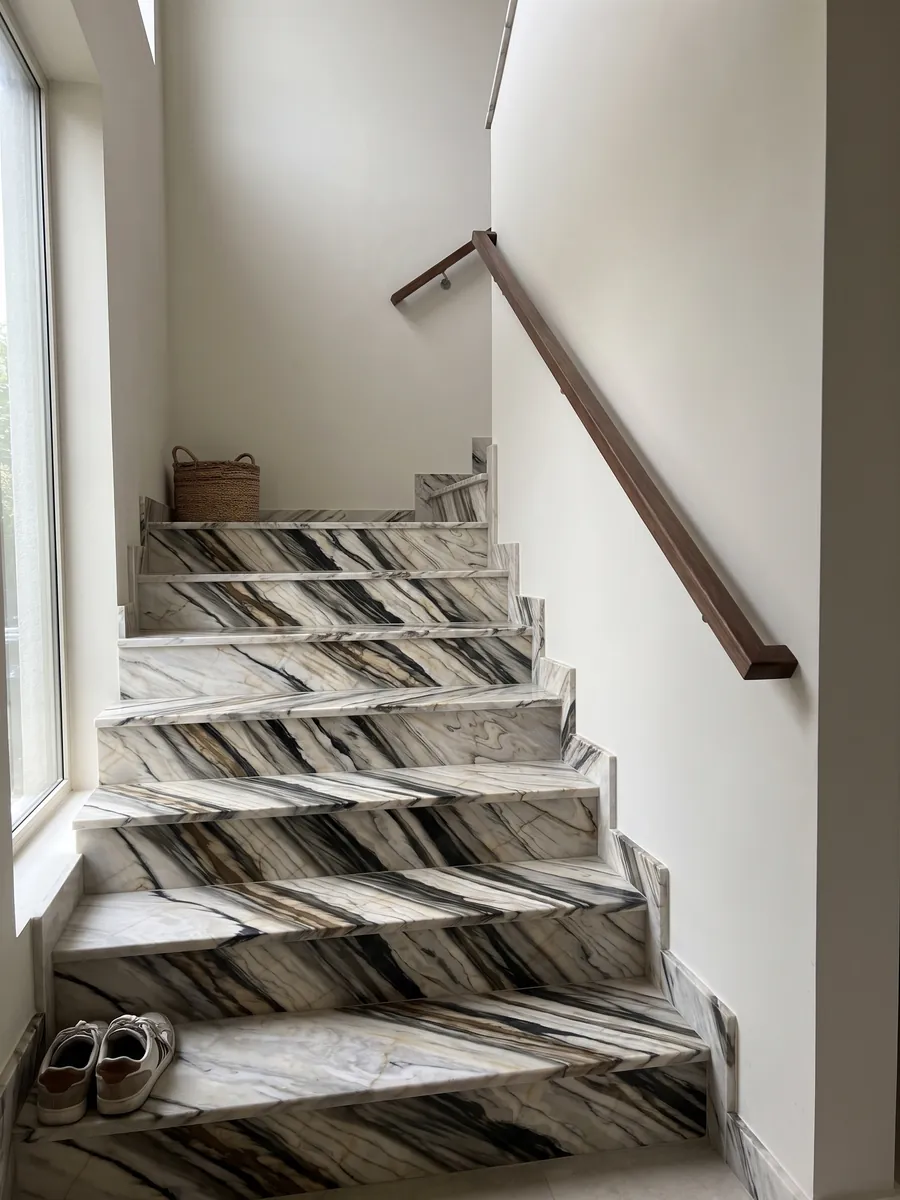 Interior staircase with white Calacatta Oyster marble steps and a handrail: wide black and brown bands running parallel in a diagonal over cream