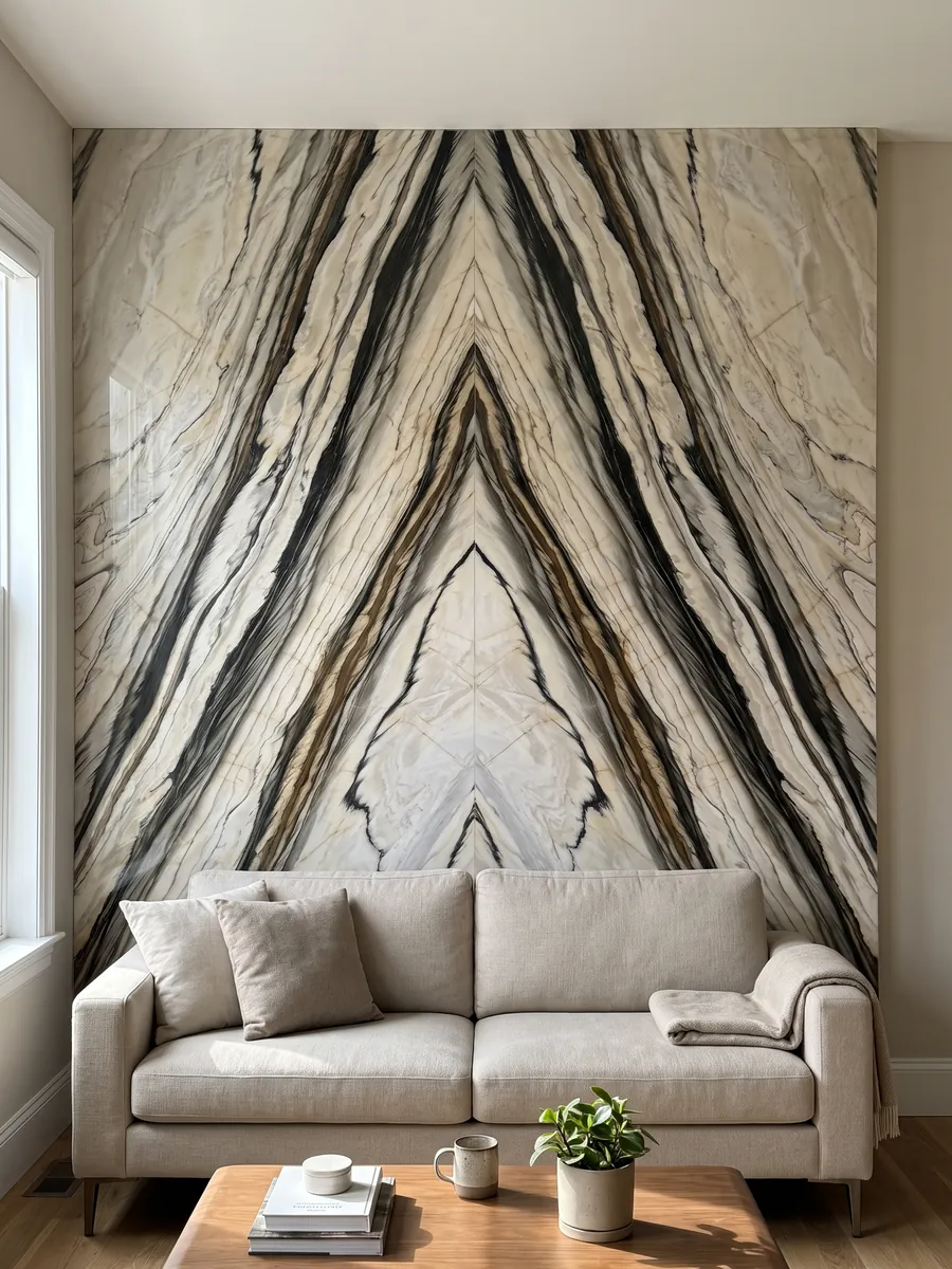 Living room wall clad in bookmatched white Calacatta Oyster marble slabs behind a sofa: wide black and brown bands running parallel in a diagonal over cream