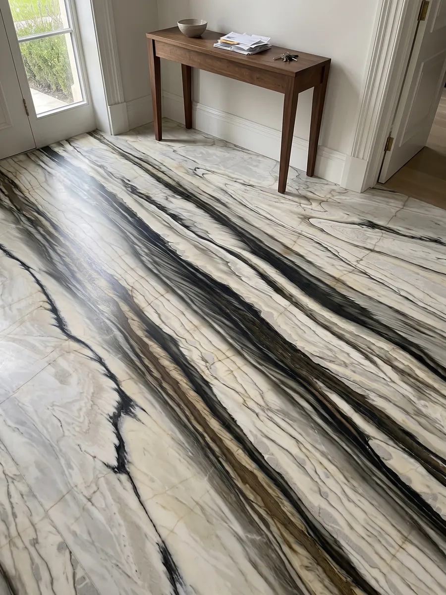 Entryway floor in large white Calacatta Oyster marble slabs with natural light: wide black and brown bands running parallel in a diagonal over cream