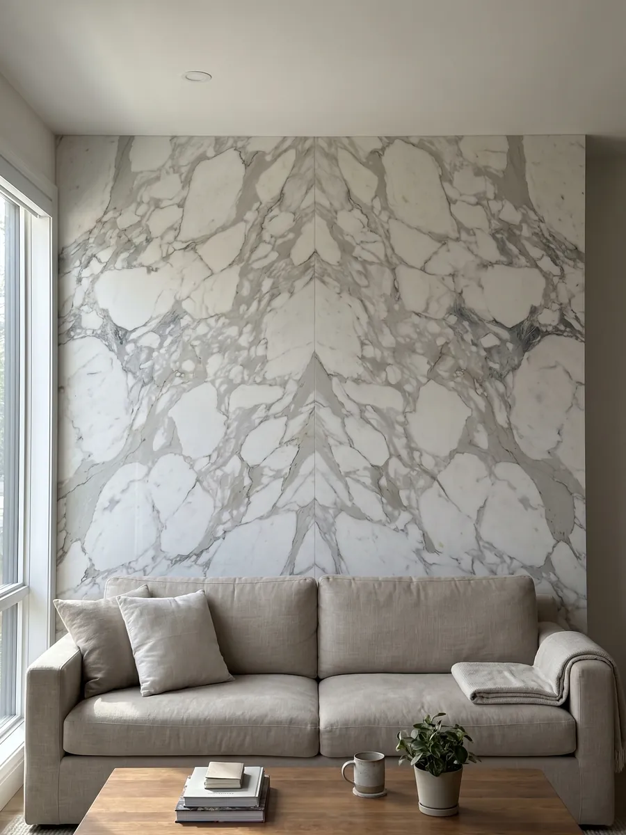 Living room wall clad in bookmatched slabs of white Calacatta marble behind a sofa: large white fragments wrapped in wide, soft light gray veins