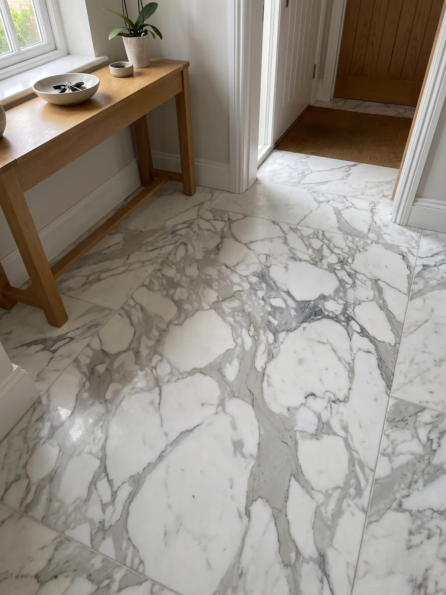 Entryway floor in large slabs of white Calacatta marble with natural light: large white fragments wrapped in wide, soft light gray veins