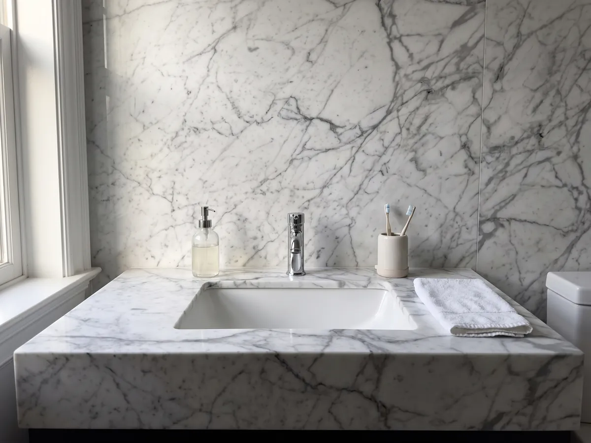 Vanity top and bathroom wall in white Calacatta Vagli marble with a white sink and chrome faucets: white with fine gray veins in an irregular web