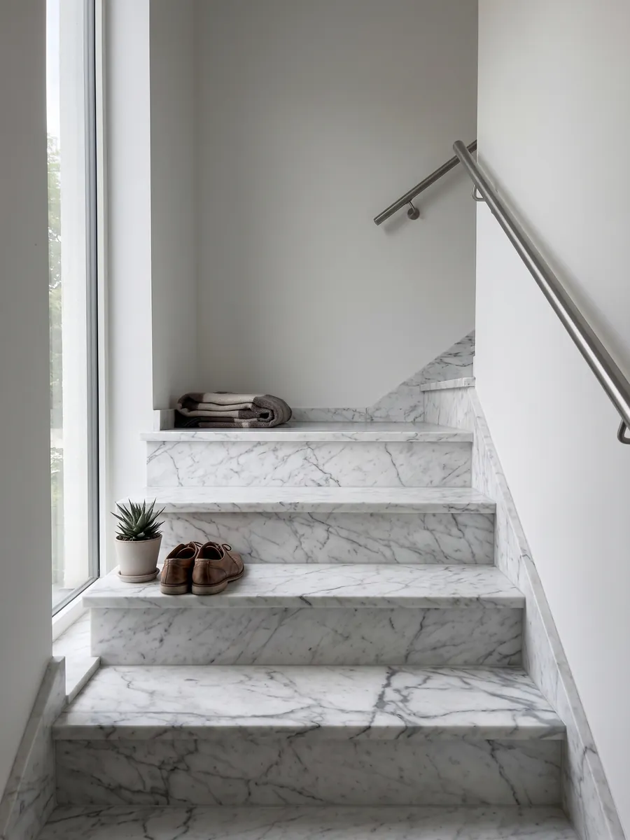 Interior staircase with white Calacatta Vagli marble treads and a handrail: white with fine gray veins in an irregular web