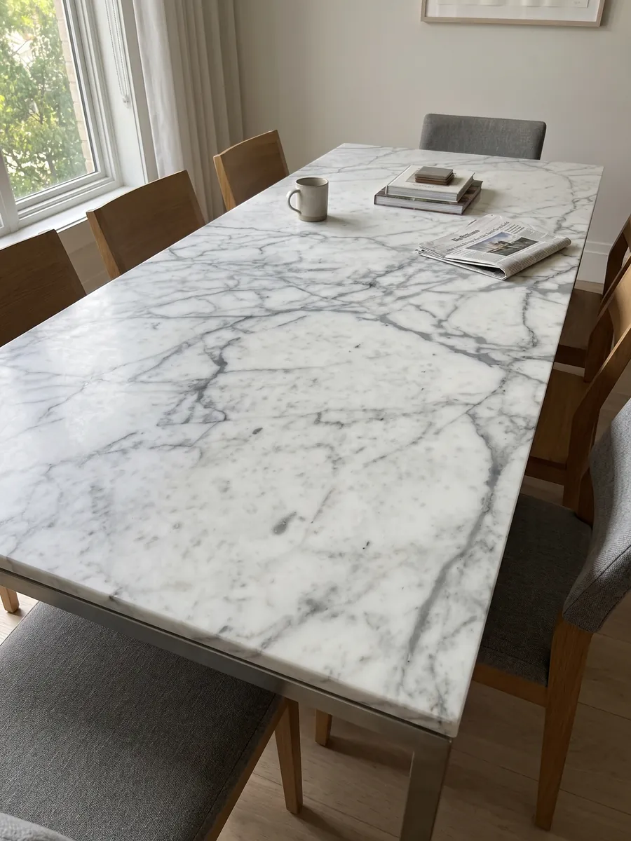 Dining table with a white Calacatta Vagli marble top on a steel base: white with fine gray veins in an irregular web