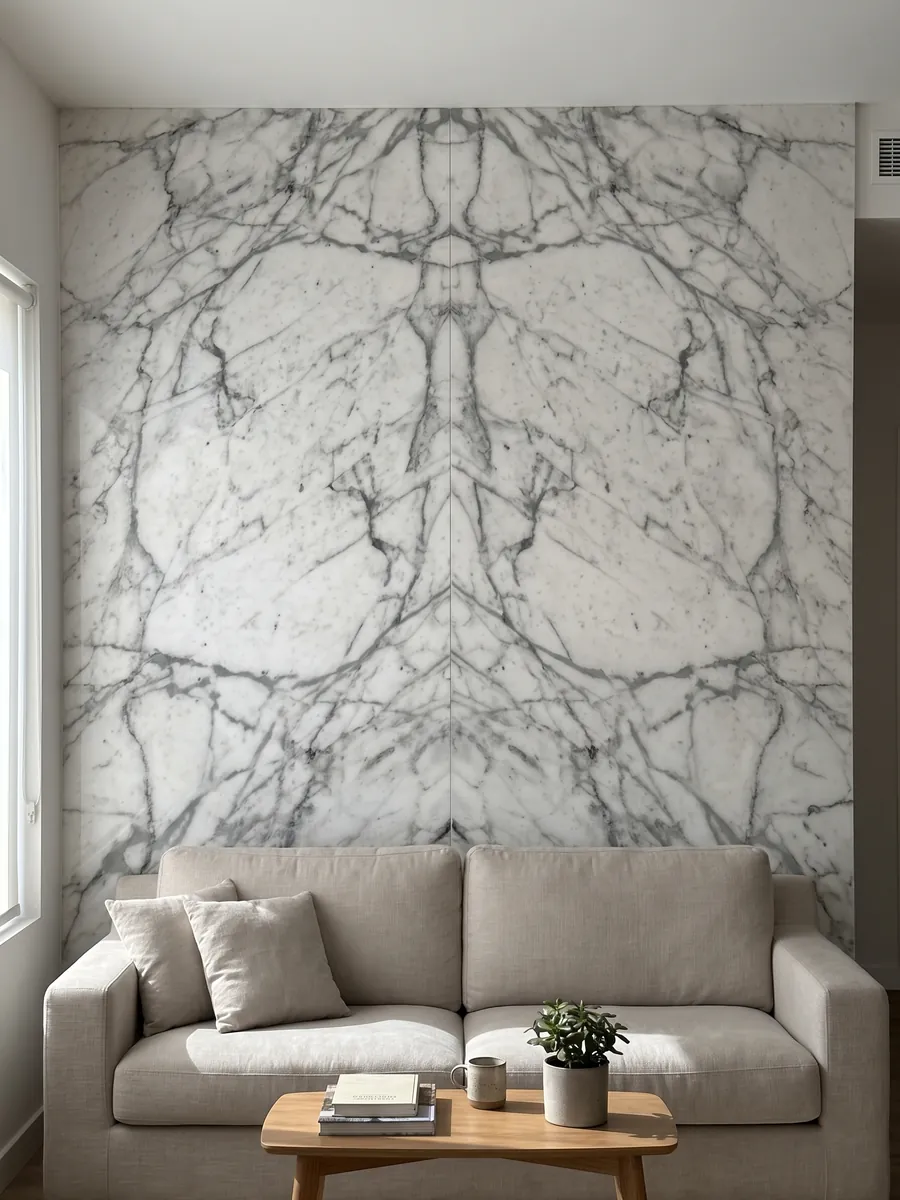 Living room wall clad in bookmatched slabs of white Calacatta Vagli marble behind a sofa: white with fine gray veins in an irregular web