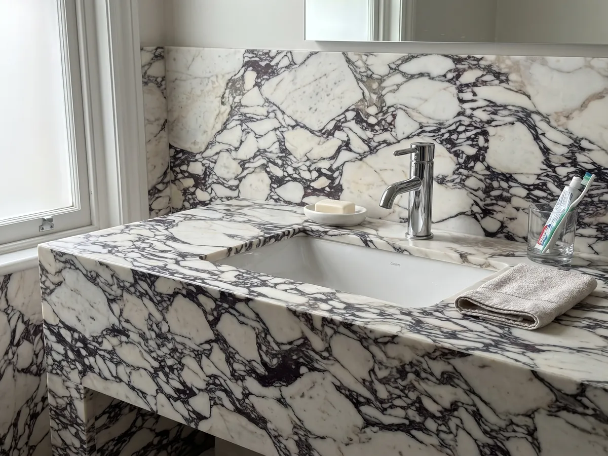 Vanity top and bathroom wall in white Calacatta Viola marble with a white sink and chrome faucets: white fragments surrounded by a dark violet web, very dense toward the center