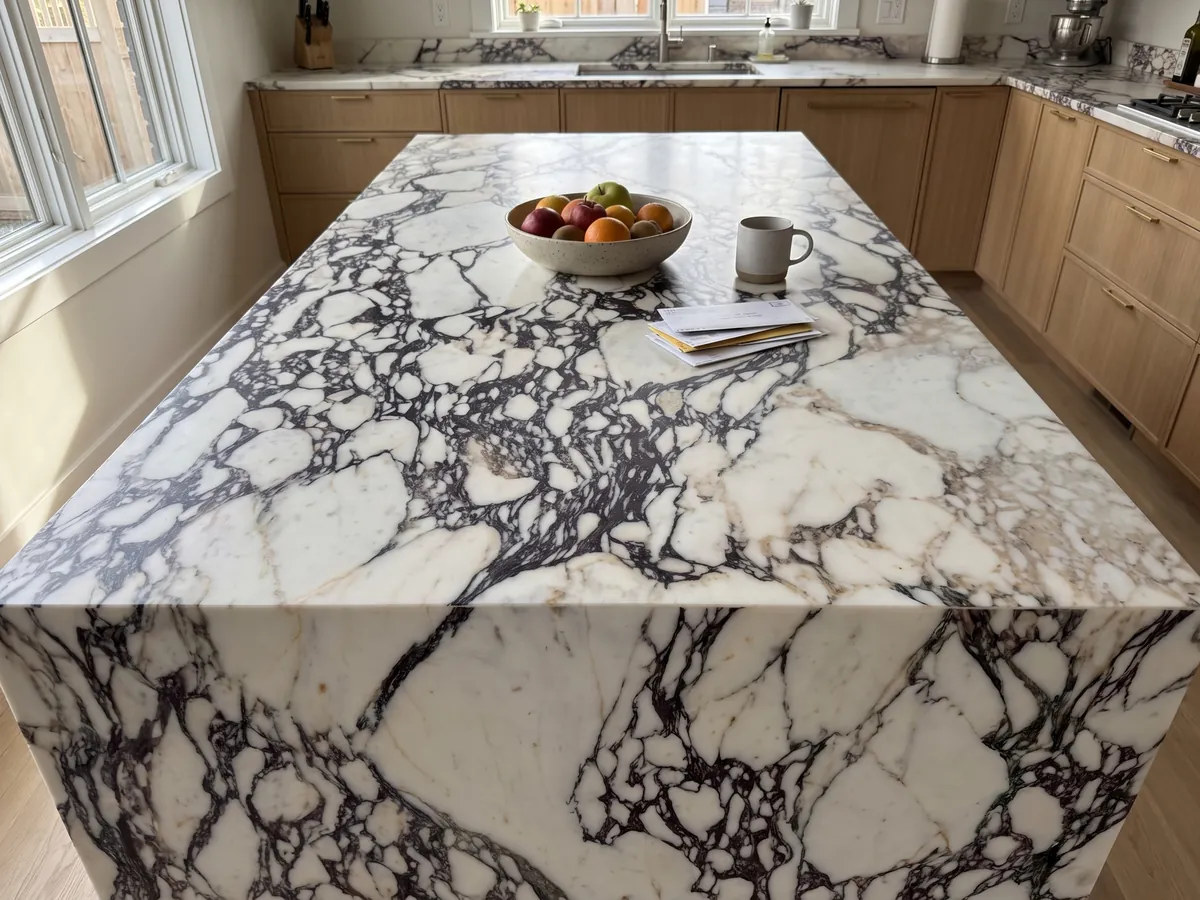 Kitchen island with a white Calacatta Viola marble countertop and a straight edge in a naturally lit kitchen: white fragments surrounded by a very dense dark violet web at the center