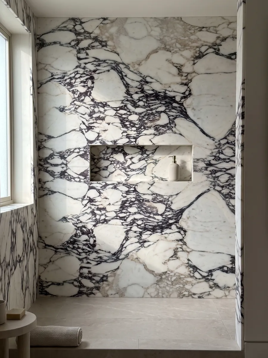 Shower clad in full slabs of Calacatta Viola marble with a recessed niche: white fragments surrounded by a very dense dark violet web at the center