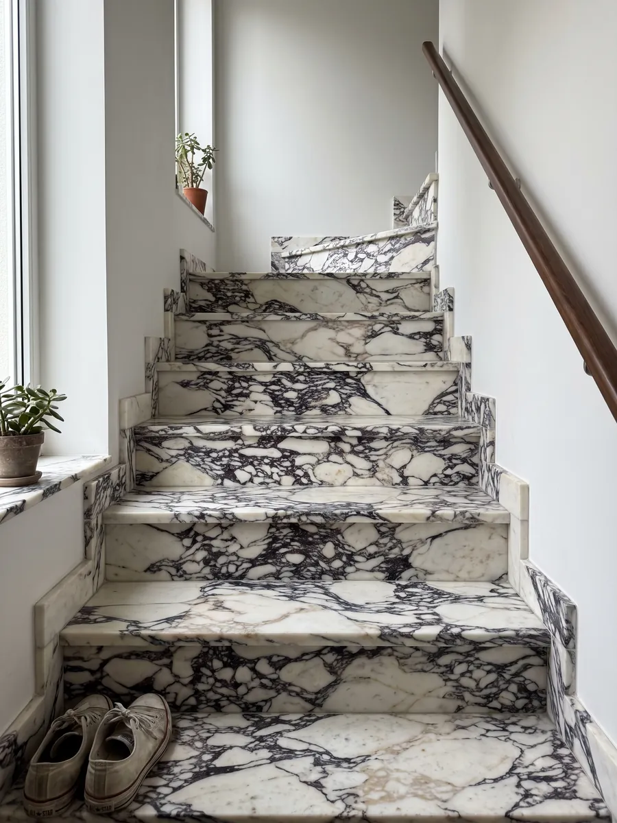 Interior staircase with Calacatta Viola marble steps and a handrail: white fragments surrounded by a very dense dark violet web at the center