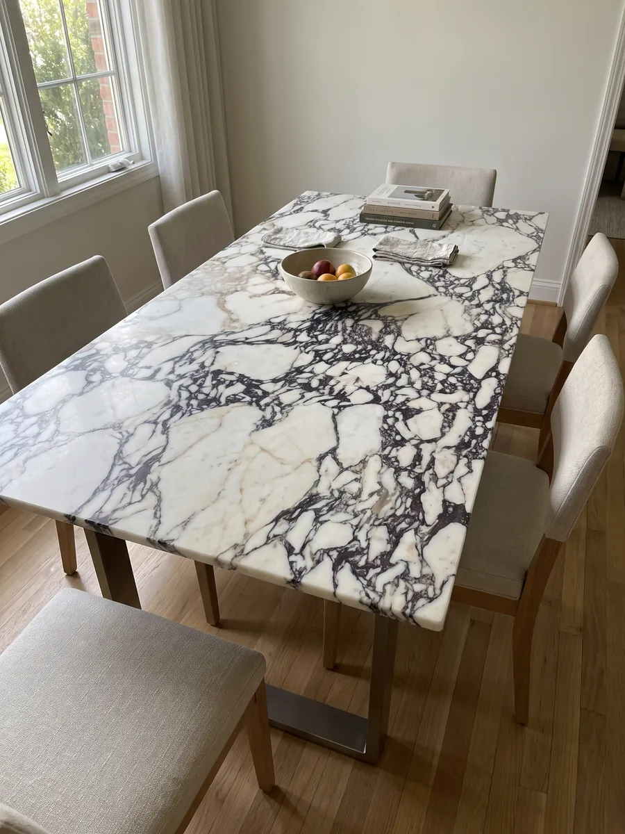 Dining table with a Calacatta Viola marble top on a steel base: white fragments surrounded by a very dense dark violet web at the center