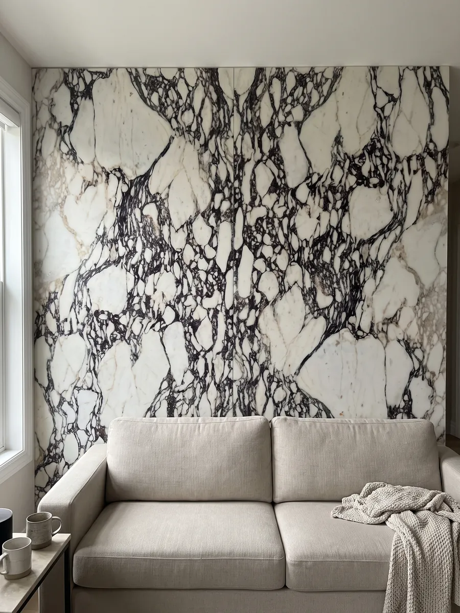 Living room wall clad in bookmatched Calacatta Viola marble slabs behind a sofa: white fragments surrounded by a very dense dark violet web at the center