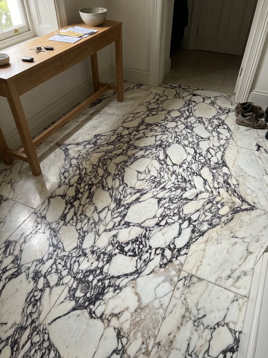 Entryway floor in large slabs of white Calacatta Viola marble with natural light: white fragments surrounded by a dark violet web, very dense toward the center