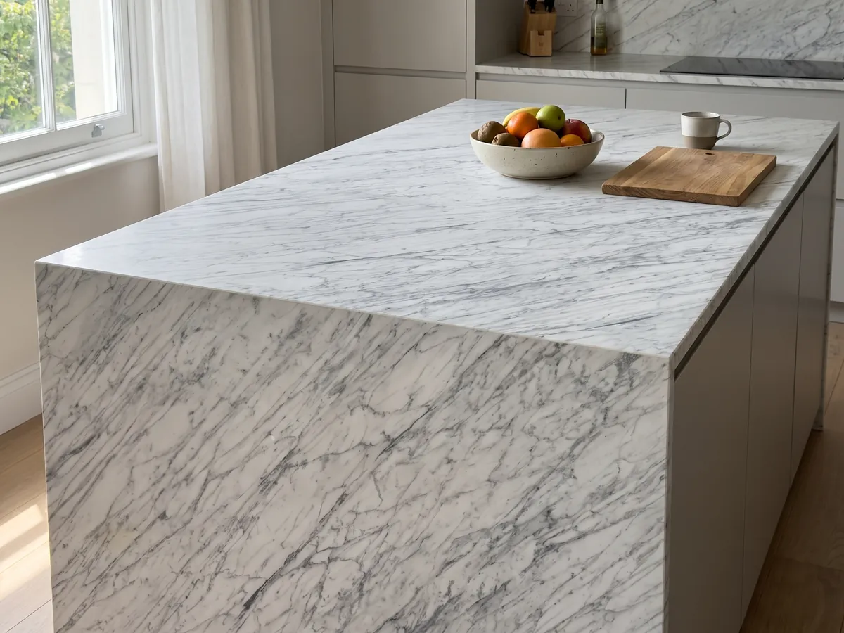 Kitchen island with a white Carrara C marble countertop and a straight edge in a kitchen with natural light: grayish white with fine parallel gray veins on the diagonal