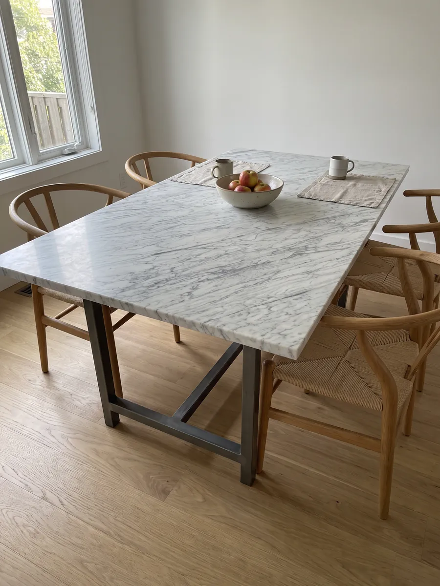 Dining table with a white Carrara C marble top on a steel base: grayish white with fine, parallel gray veins on the diagonal