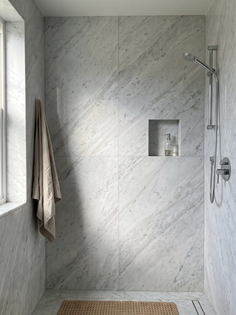 Shower clad in full slabs of white Carrara CD marble with a recessed niche: grayish white with diffuse gray patches on the diagonal