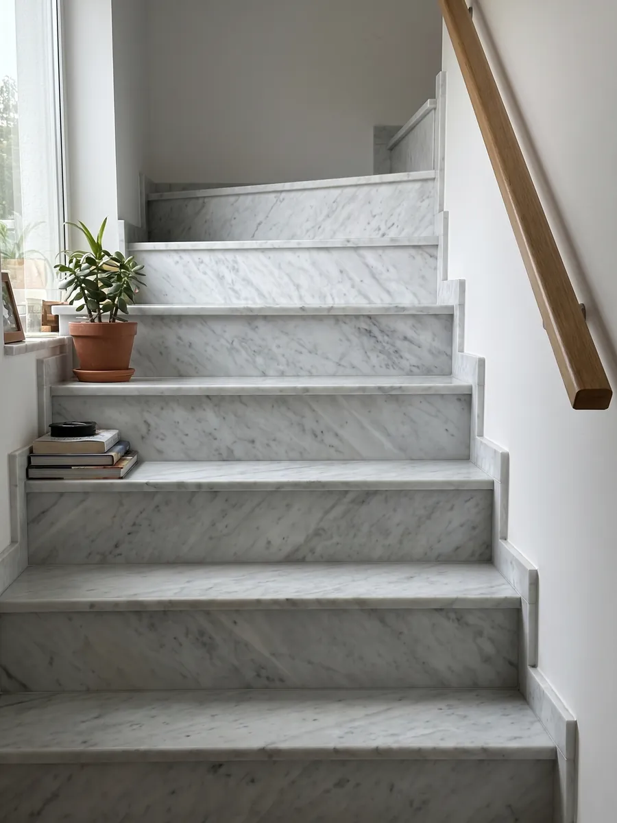 Interior staircase with white Carrara CD marble steps and a handrail: grayish white with diffuse gray patches on the diagonal