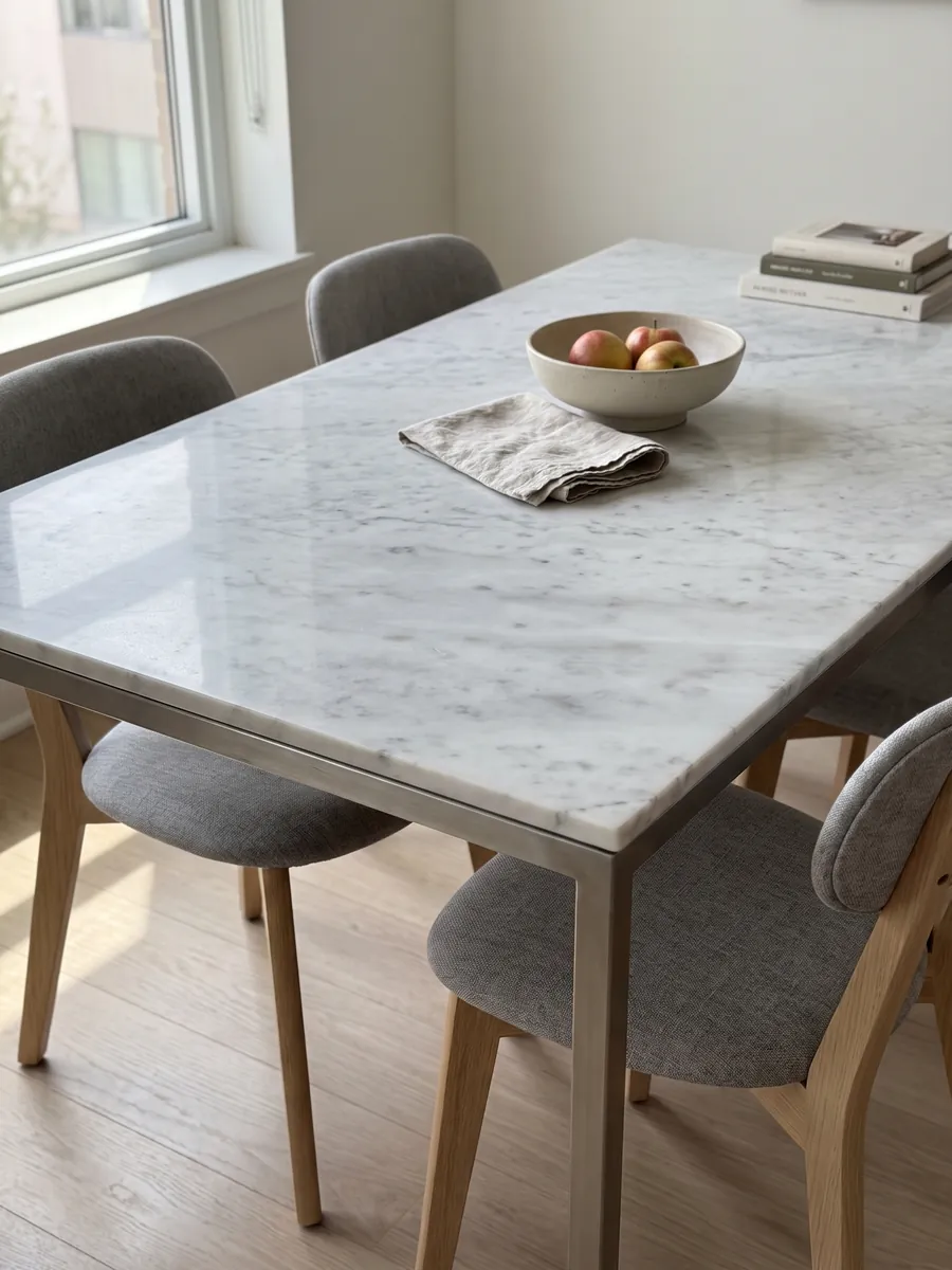 Dining table with a white Carrara CD marble top on a steel base: grayish white with diffuse gray patches on the diagonal