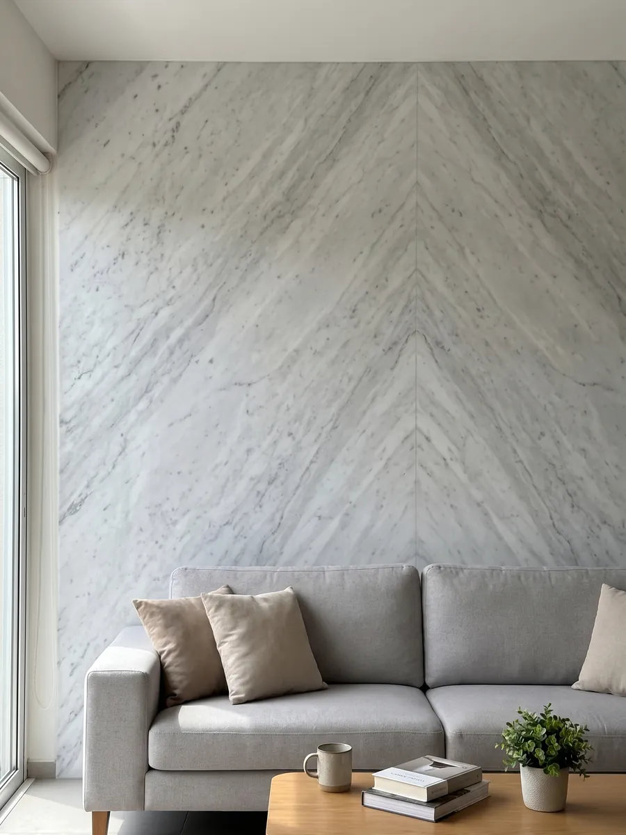 Living room wall clad in bookmatched white Carrara CD marble slabs behind a sofa: grayish white with diffuse gray patches on the diagonal