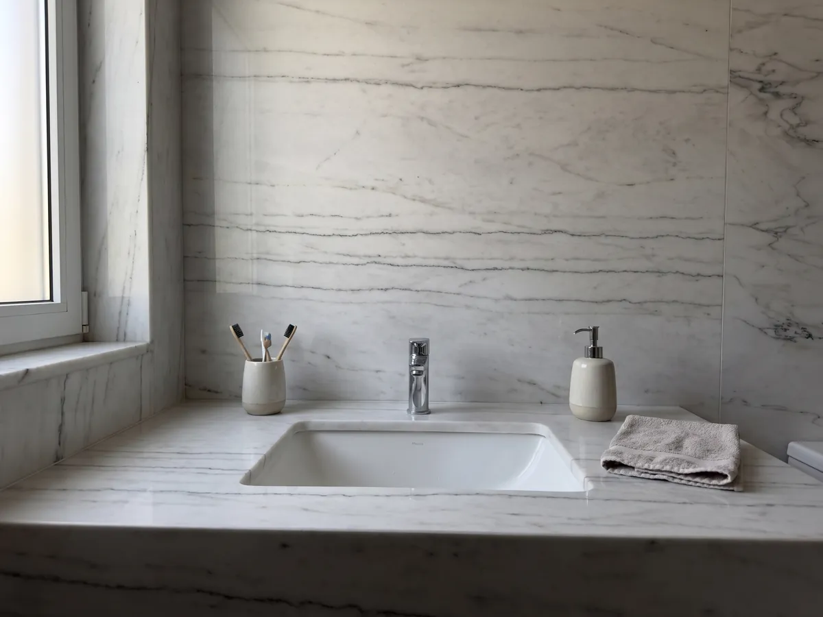 Vanity top and bathroom wall in white Colorado Gold marble with a white sink and chrome faucets: grayish white with fine dark horizontal veins; no gold shows in the photo