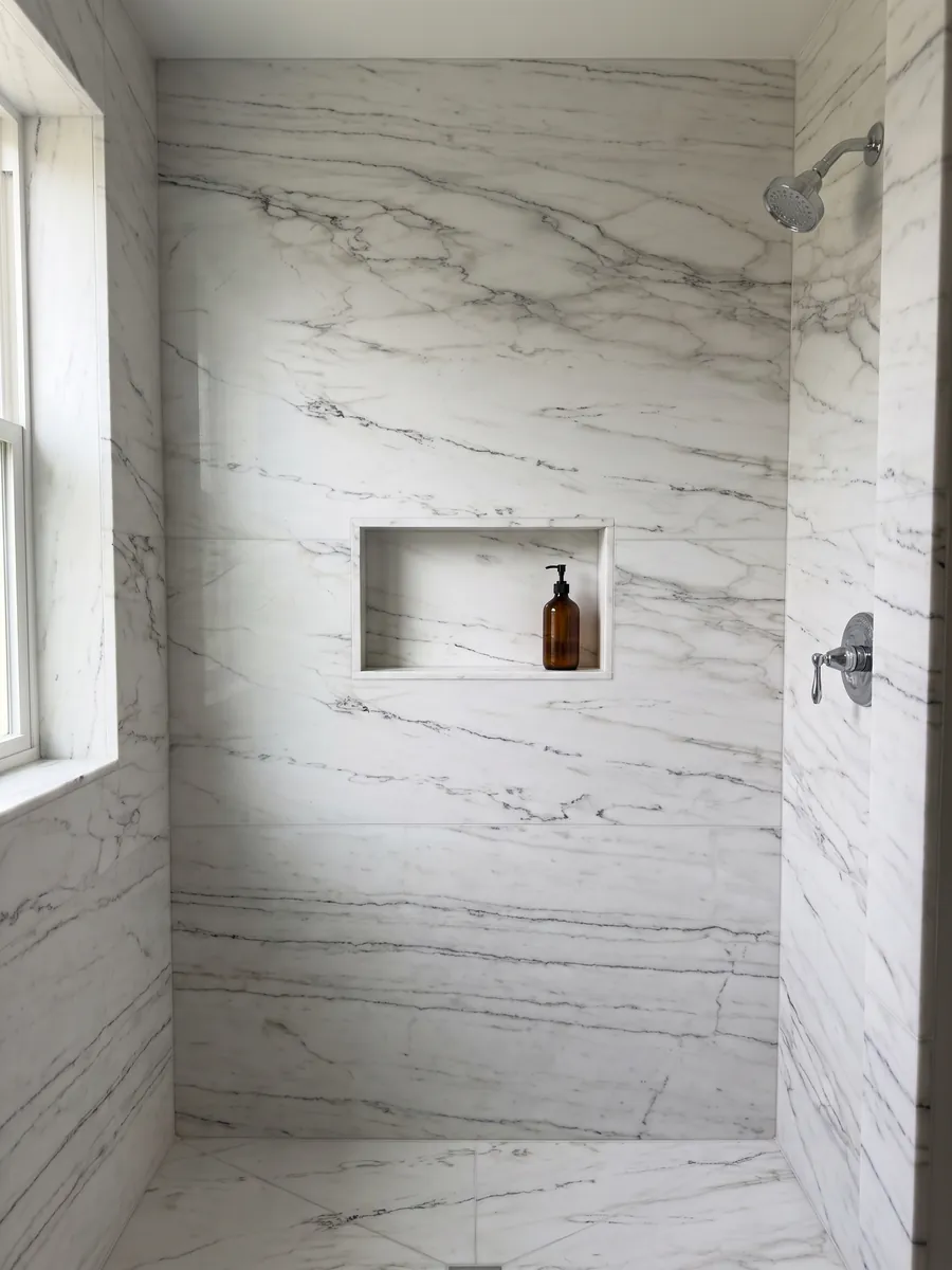 Shower clad in full white Colorado Gold marble slabs with a recessed niche: grayish white with fine dark horizontal veins; no gold shows in the photo