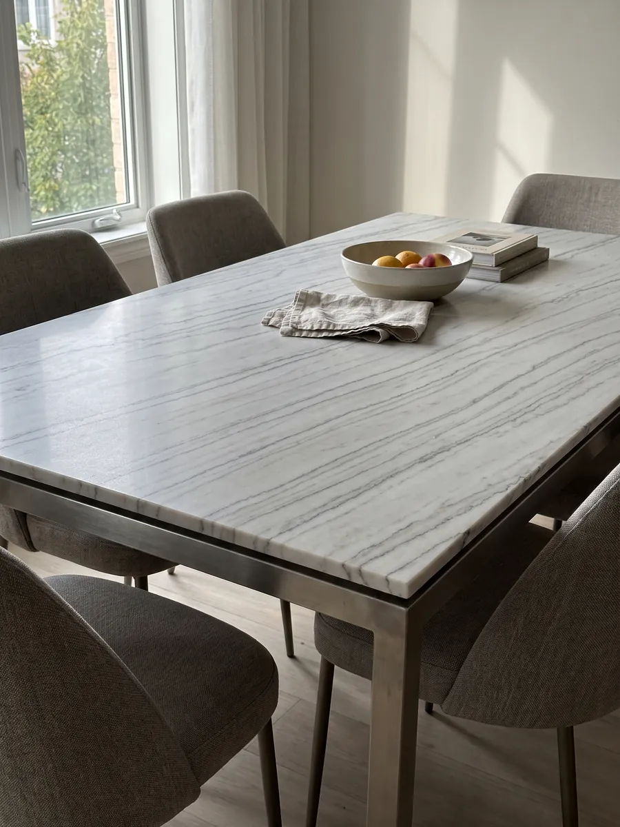 Dining table with a white Colorado Gold marble top on a steel base: grayish white with fine dark horizontal veins; no gold shows in the photo