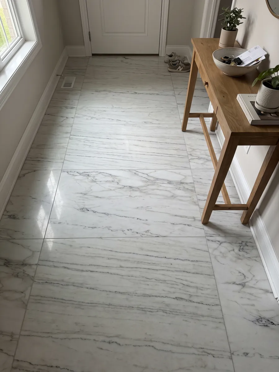 Entryway floor in large white Colorado Gold marble slabs with natural light: grayish white with fine dark horizontal veins; no gold shows in the photo
