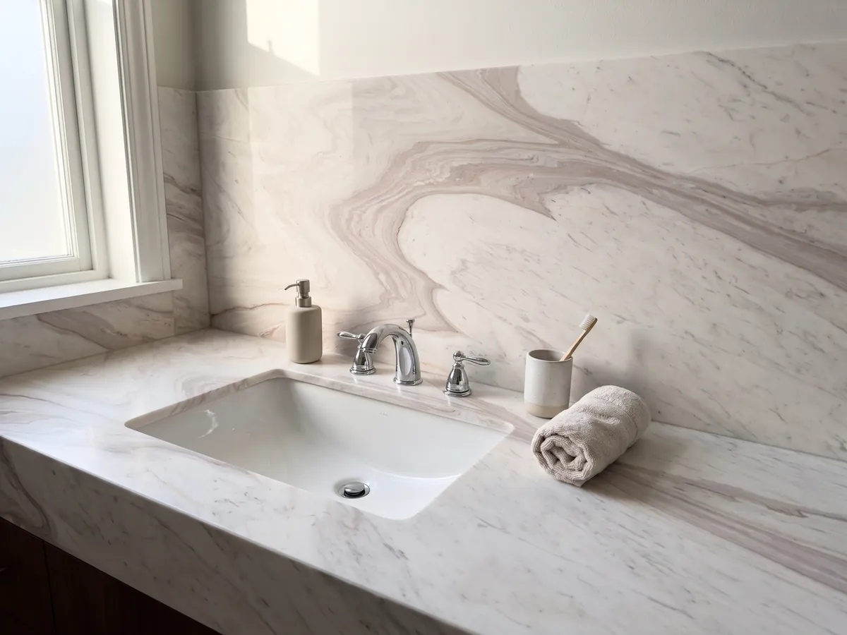 Vanity top and bathroom wall in white Cosmopolitan marble with a white sink and chrome faucets: warm white with a large pinkish beige wave in an S curve