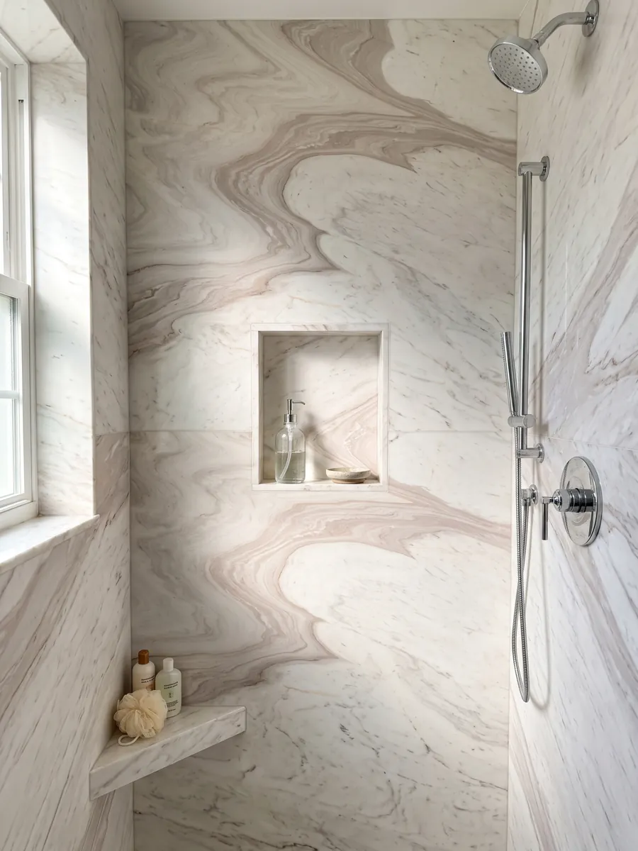 Shower clad in full slabs of white Cosmopolitan marble with a recessed niche: warm white with a large pinkish beige wave in an S curve