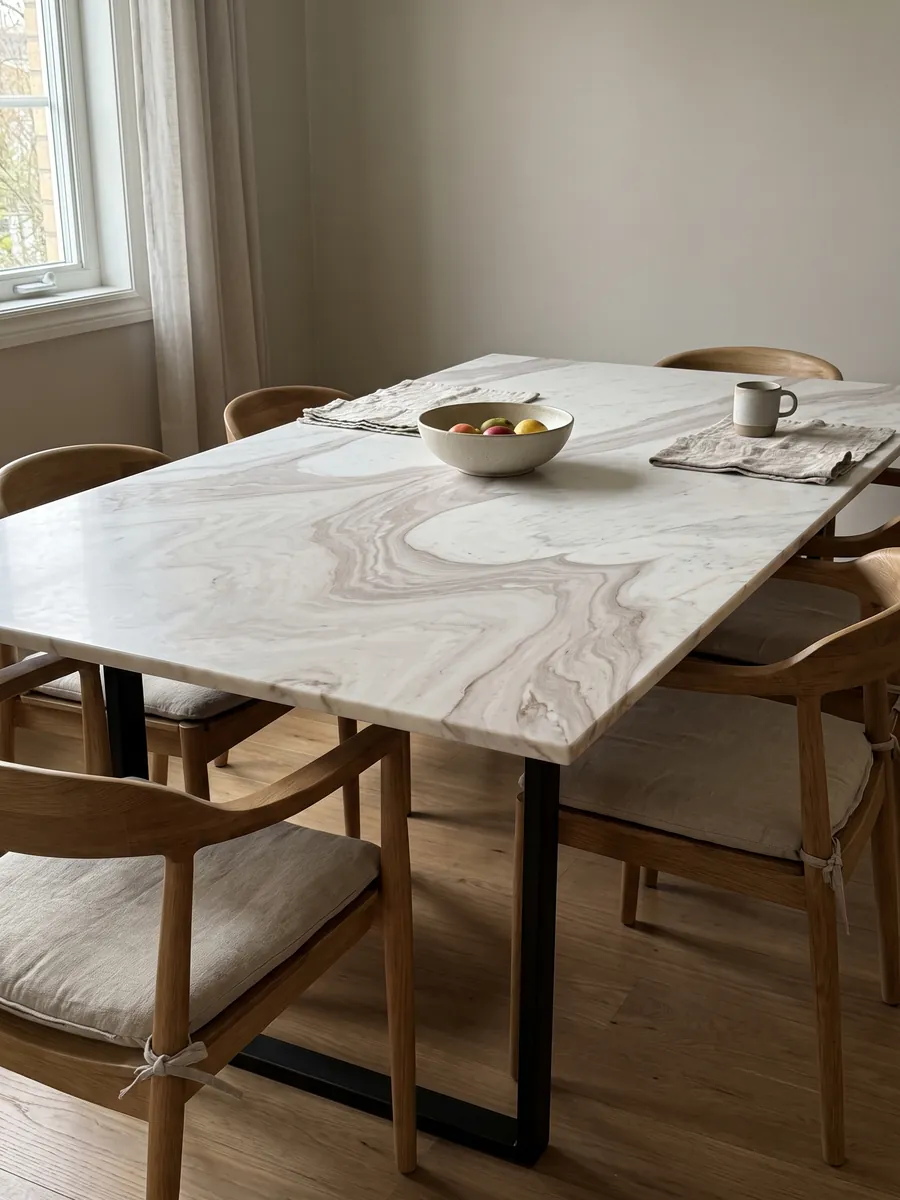 Dining table with a white Cosmopolitan marble top on a steel base: warm white with a large pinkish beige wave in an S curve