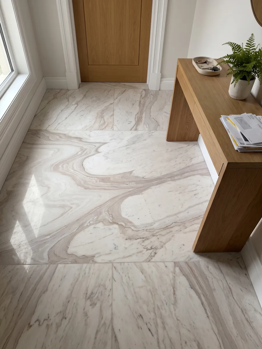 Entryway floor in large slabs of white Cosmopolitan marble with natural light: warm white with a large pinkish beige wave in an S curve