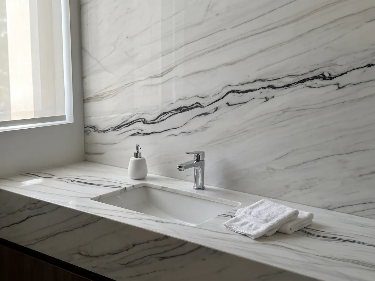 Vanity top and bathroom wall in Bianco Covelano Macchia Vecchia marble with a white sink and chrome fixtures: white with a wavy black vein crossing the slab almost horizontally