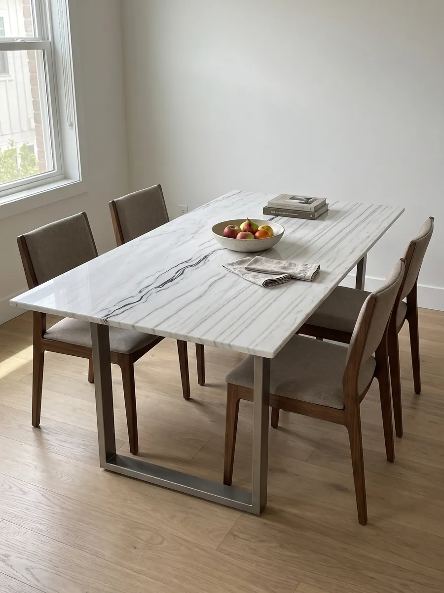 Dining table with a Bianco Covelano Macchia Vecchia marble top on a steel base: white with a wavy black vein crossing the slab almost horizontally