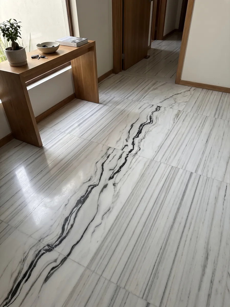 Entryway floor in large slabs of Bianco Covelano Macchia Vecchia marble with natural light: white with a wavy black vein crossing the slab almost horizontally